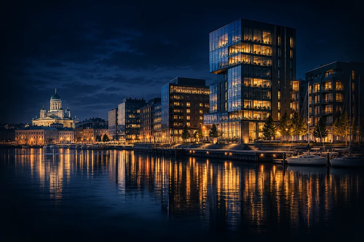 Modern Helsinki offices with warm windows reflected in the harbor