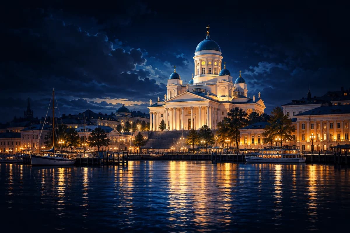 Helsinki Cathedral glowing above a waterfront at night