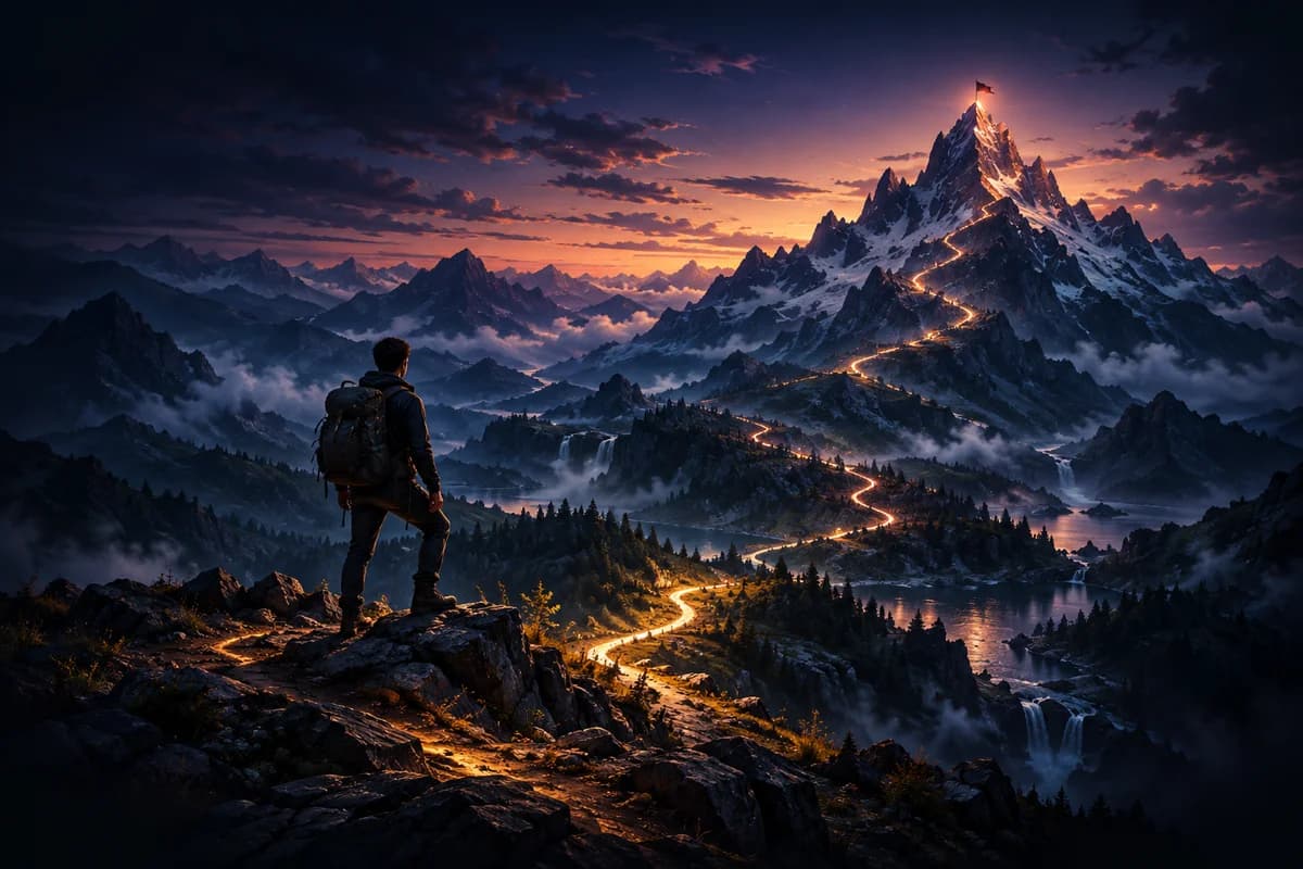 A glowing winding trail leading through mountains toward a distant summit