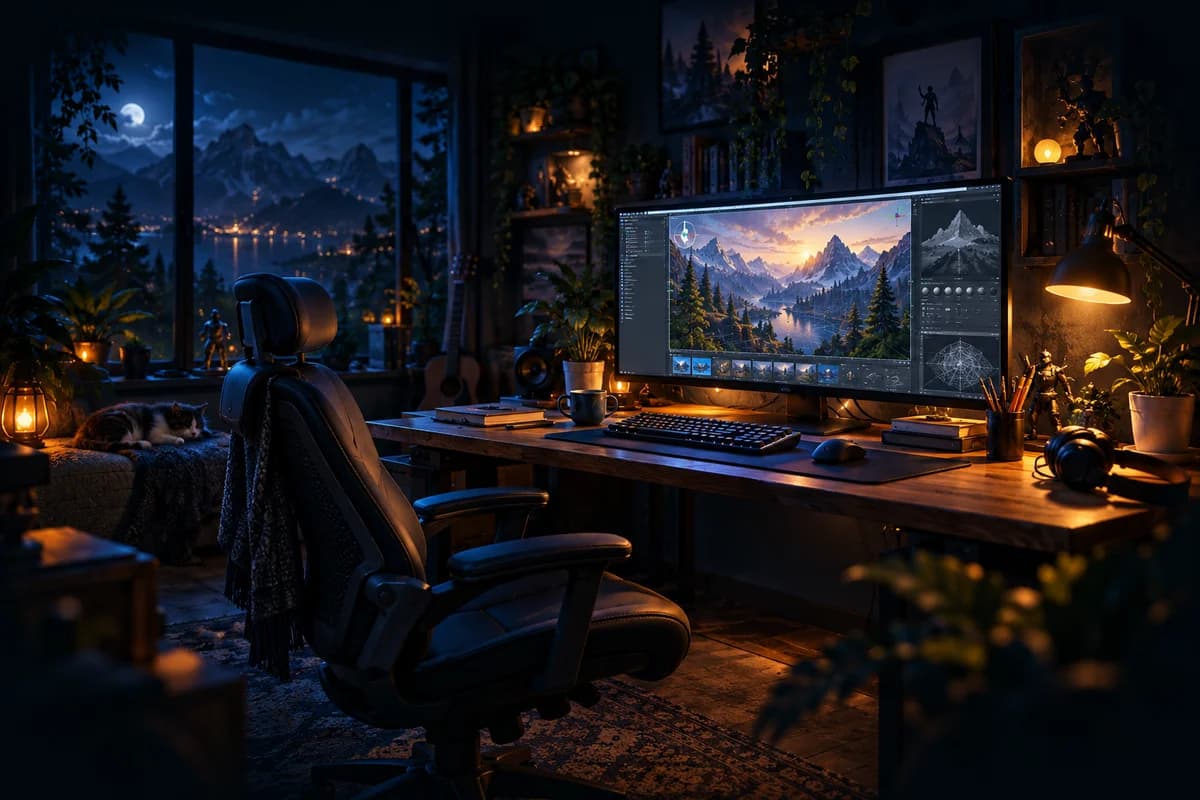 A game development workstation displaying a mountain world in a game editor