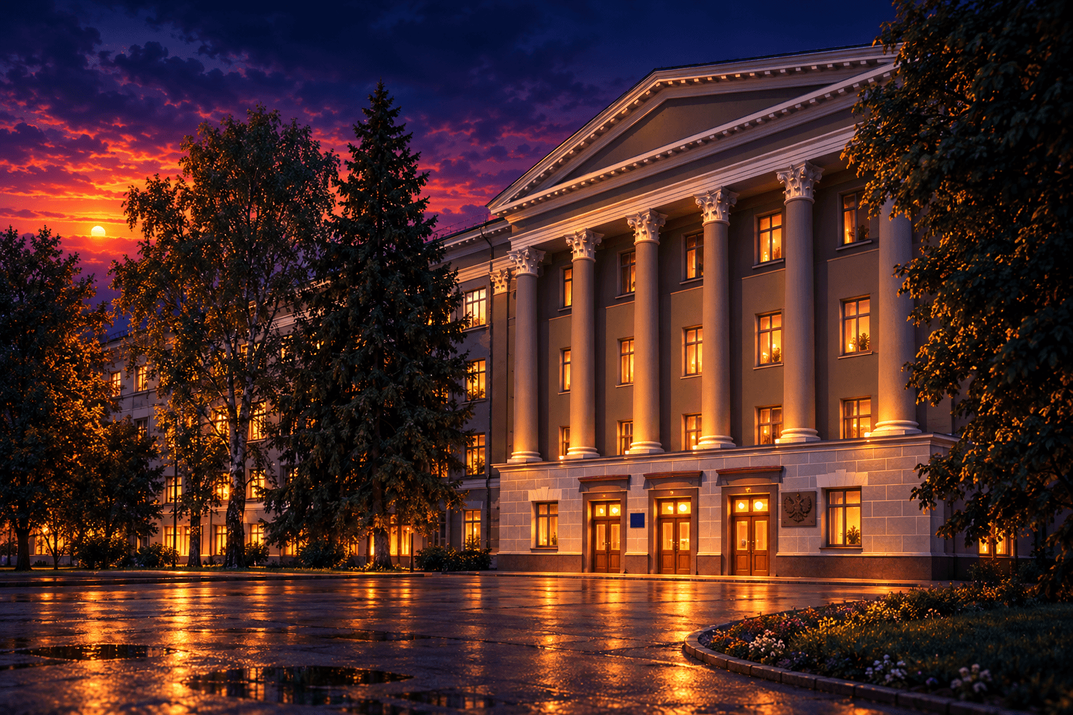 An illuminated university clock tower and leafy campus at blue hour